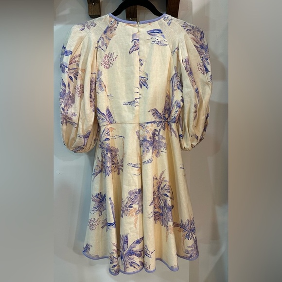 NWT Zimmermann Linen Day Mini Dress Pearl Palm Toile Puff Sleeve AU 0P (US 2) - Picture 3 of 11